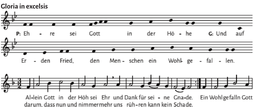 Notensatz Gloria in excelsis und Liedstrophe: Allein Gott in der Höh sei Ehr.